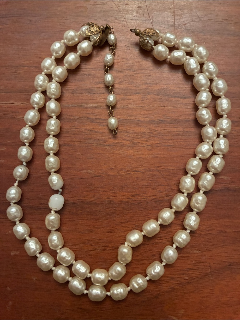 Miriam Haskell Double Strand Faux Pearl Necklace with Gold Accents